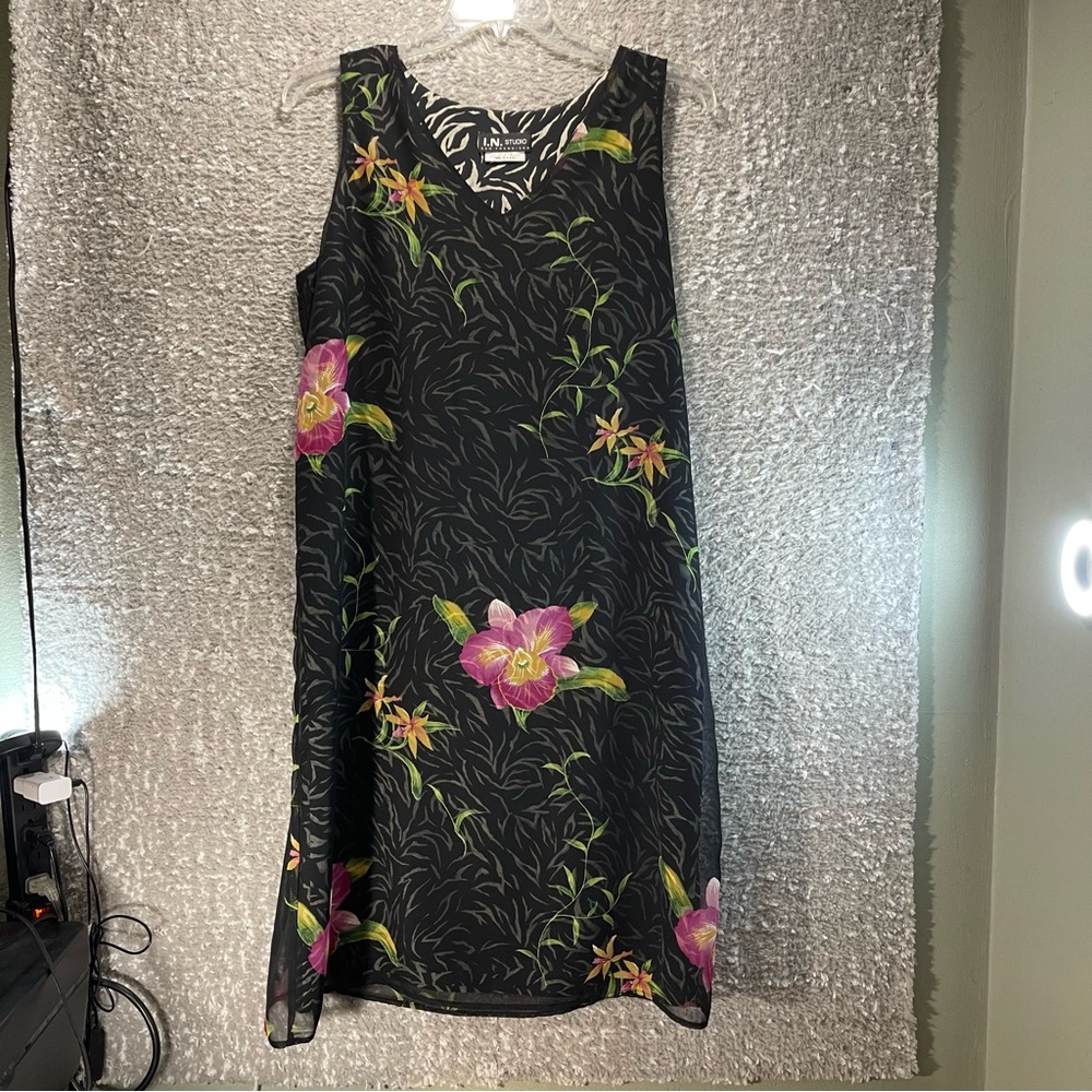 Women's Black Floral Midi Sleeveless Dress 16 Peasant Classic By I.N. Studio Y2K